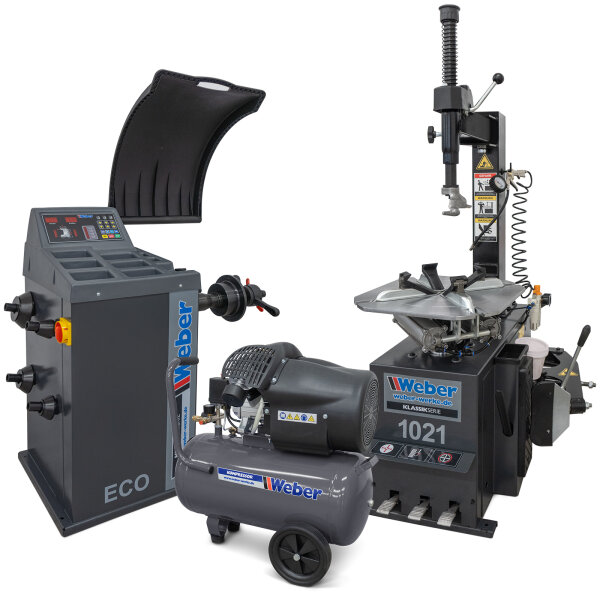 75 Jahre Aktion PKW Reifenmontiermaschine 1021 und Radwuchtmaschine "ECO" inkl. Werkstattkompressor 230 V / 10 bar / 50 l Tank