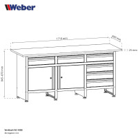 Werkbank mit 6 Schubladen, 2 Schließfächern und 171 x 60 cm Holzarbeitsplatte